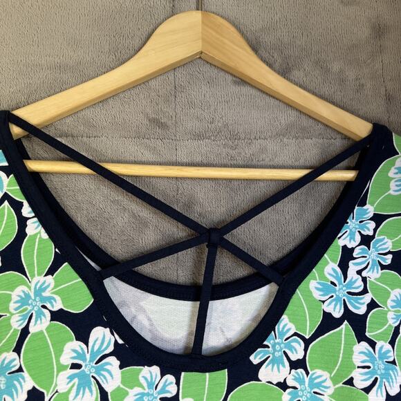 T by Talbots Dress 1X Navy Green Floral Fields Open Back UPF 50+ Pockets Belt - Picture 8 of 12